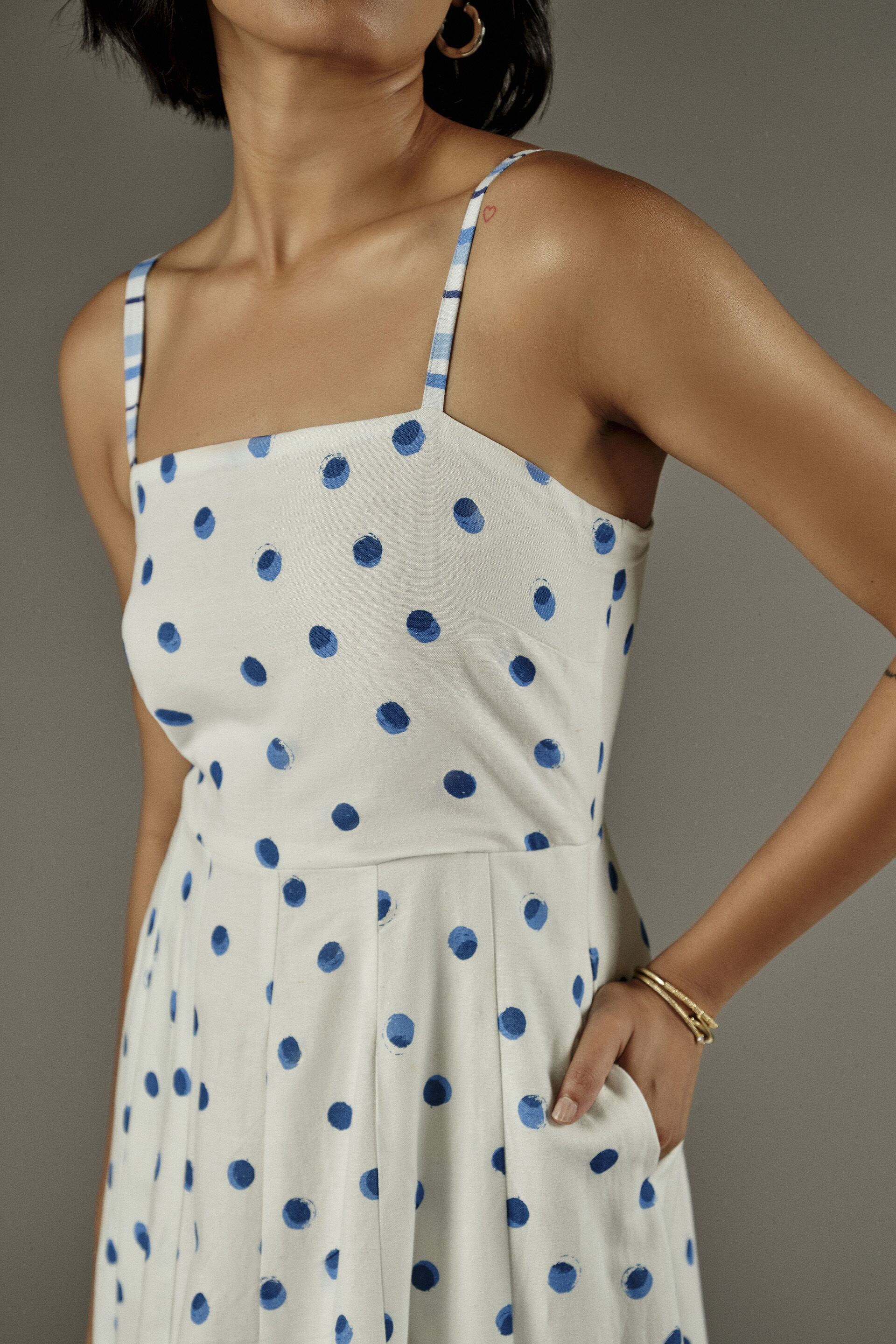 Polka Dot A-line Midi Dress in White, White, image 3